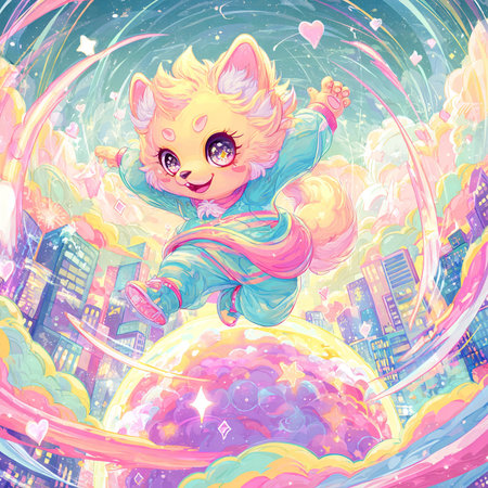 Cute cat flying on the background of the city. Vector illustration.の素材