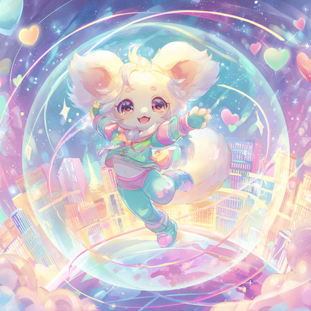 Cute cartoon koala with a magic ball in the city.の素材