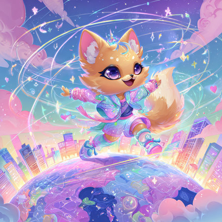 Cute cartoon fox flying on the planet in outer space. Vector illustration.の素材
