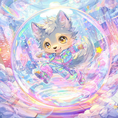 Cute little fox girl in a pink pajamas in a bubble.の素材