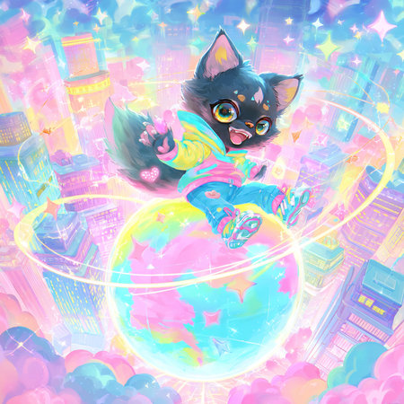 Cute cartoon black cat in a raincoat sits on the globe.の素材
