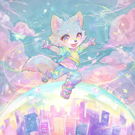 Cute fox flying in the sky over the city. Hand drawn illustration.の素材