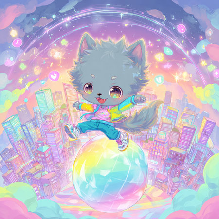 Cute little kitten sitting on a ball in the city. Vector illustration.の素材