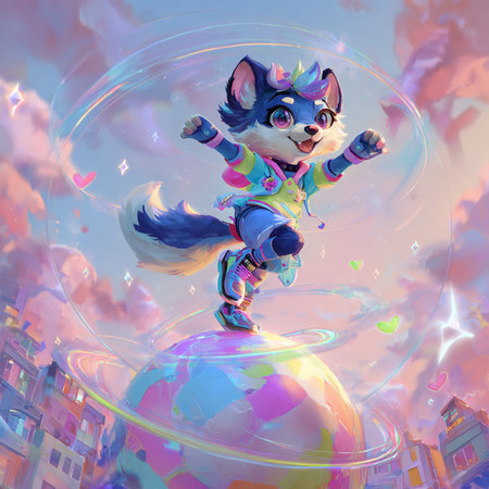 Funny cartoon fox flying over the planet. 3d illustration.の素材