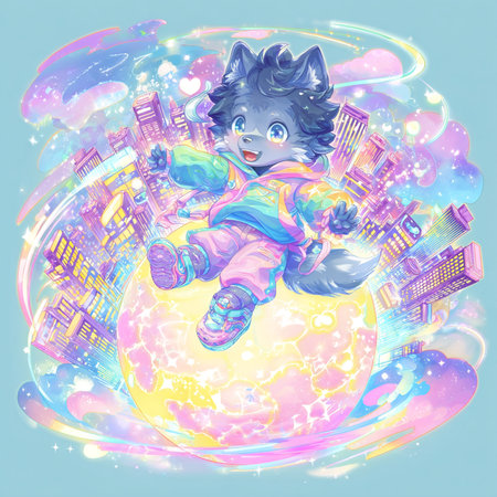 Cute wolf on the planet. Vector illustration of a child in outer space.の素材