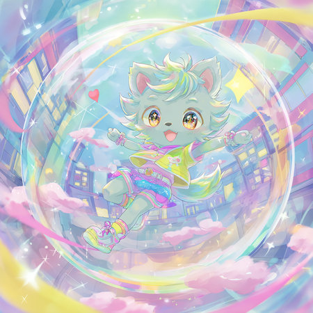 Cute kawaii unicorn flying on the rainbow in the sky.の素材