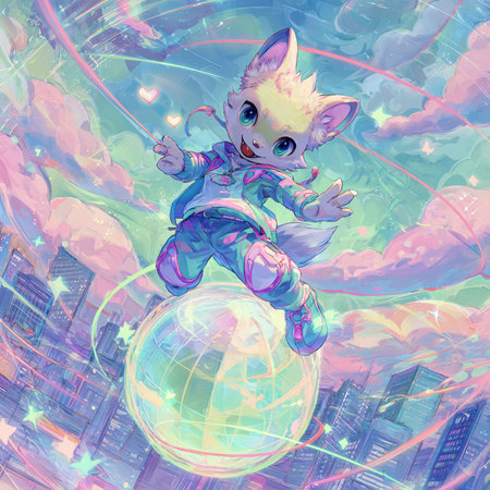 Fantasy illustration of a cute alien with a planet in the backgroundの素材