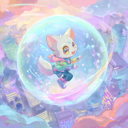 Illustration of a cute cartoon cat flying in the sky over the cityの素材