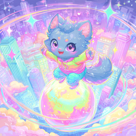 Cute cartoon cat on the background of the city. Vector illustration.の素材
