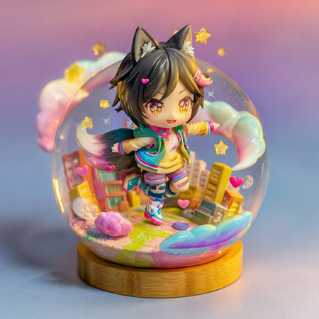 Cute little girl in a magic glass ball on a colorful backgroundの素材