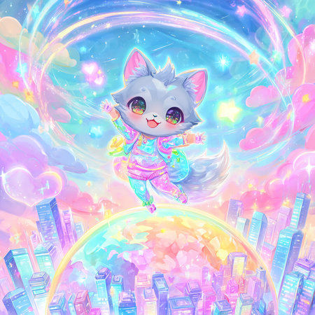 Cute cartoon fox on a background of the city and rainbow.の素材