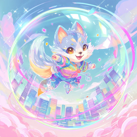 Cute cartoon fox with rainbow bokeh background. Vector illustration.の素材