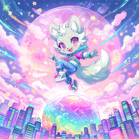 Cute cartoon fox flying on the background of the planet. Vector illustration.の素材