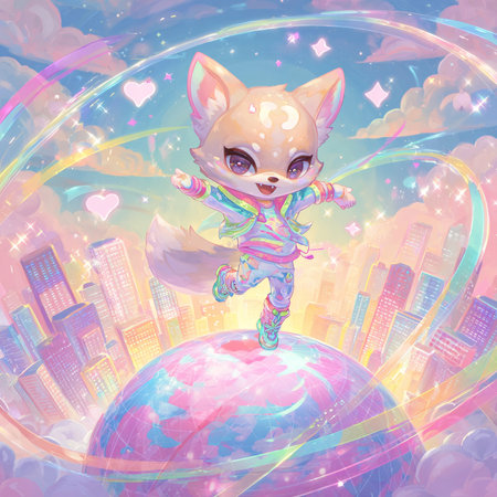 Cute fox on the background of the city. Vector illustration.の素材