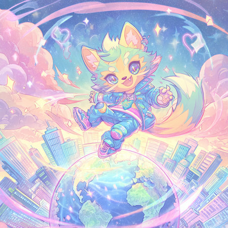 Cute cartoon cat flying on the planet in space. Vector illustration.の素材