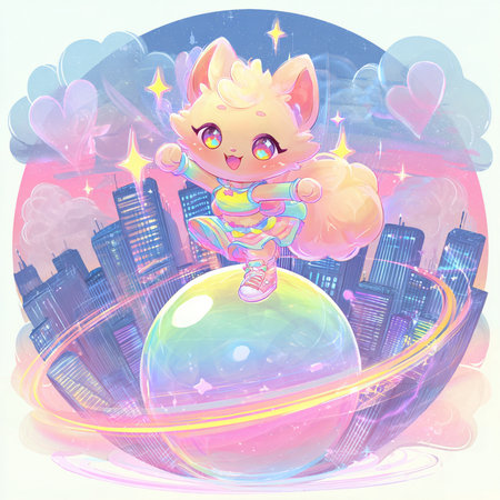 Illustration of a cute little unicorn sitting on a ball in the cityの素材