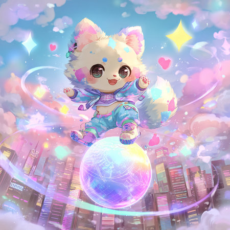 Cute kawaii panda girl flying over the planet.の素材