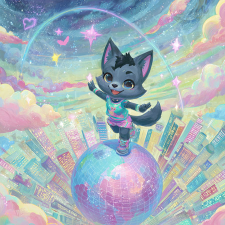 cartoon scene with a black cat and a globe in the skyの素材
