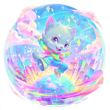 Cute cartoon cat on the background of the planet. Vector illustration.の素材