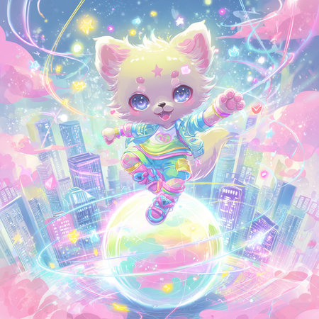 Vector illustration of Cute cartoon cat in the city with a globeの素材