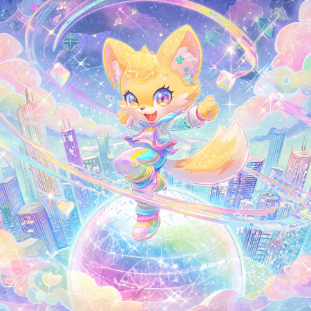 Cute cartoon fox on the background of the night city. Illustrationの素材