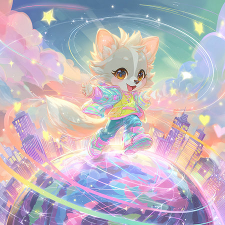 Cute Cartoon Chihuahua on the background of the planetの素材