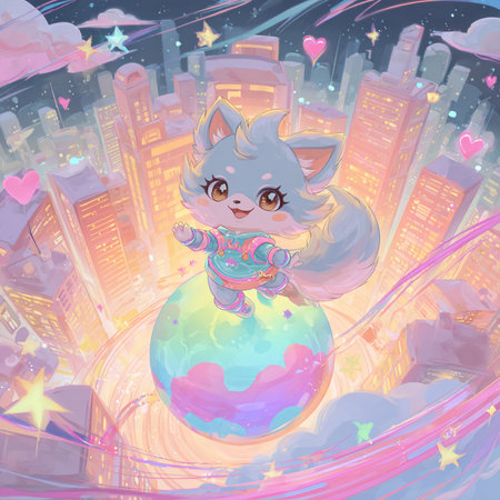 Cute cartoon fox with a Christmas ball on the background of the cityの素材