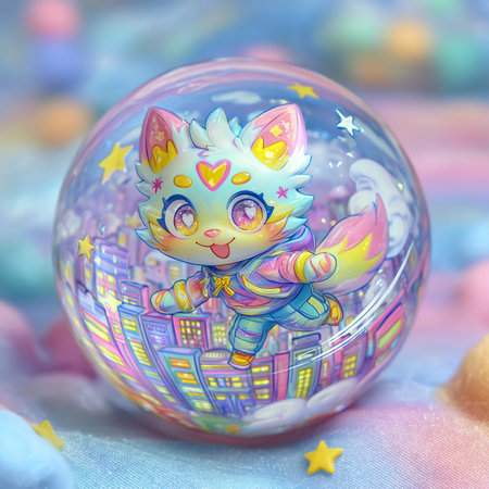 A glass ball with a picture of a cute cartoon cat inside.の素材