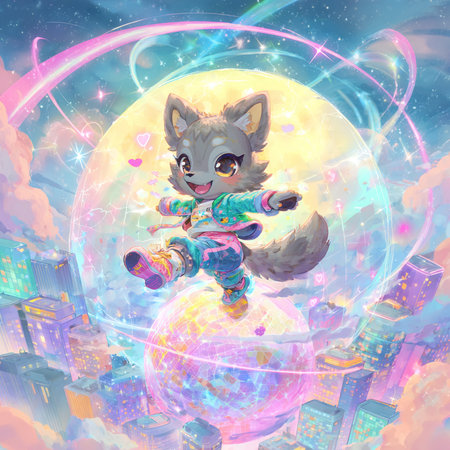 Fantasy illustration of a fox on the planet with a city in the backgroundの素材