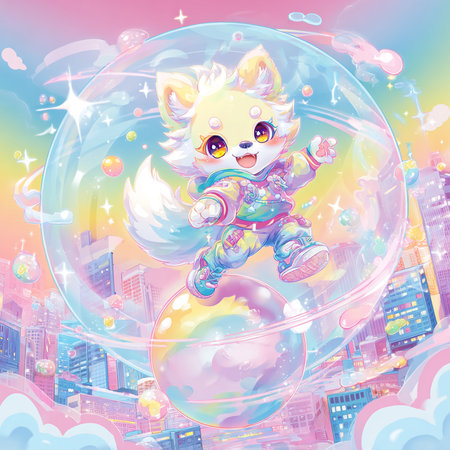 Cute cartoon fox flying in the space. Vector illustration of a cute little fox.の素材