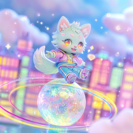 Cute cartoon cat flying over the planet. Fantasy illustration. 3D rendering.の素材