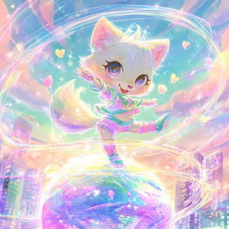 Fairy-tale girl with a white fox on the background of the cityの素材