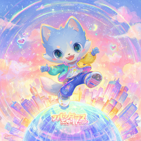 Cute cartoon cat on the background of the planet and city.の素材
