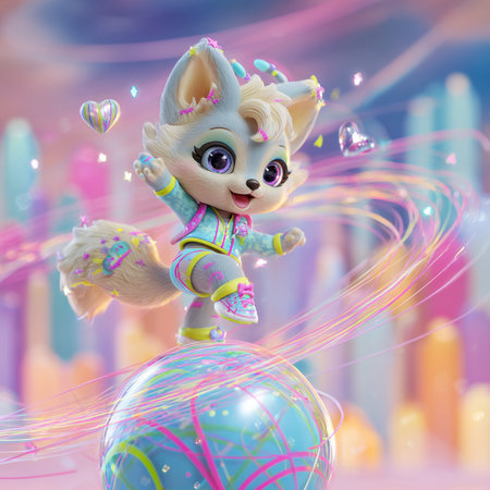 Cute little fox on the background of a rainbow. 3D illustrations.の素材