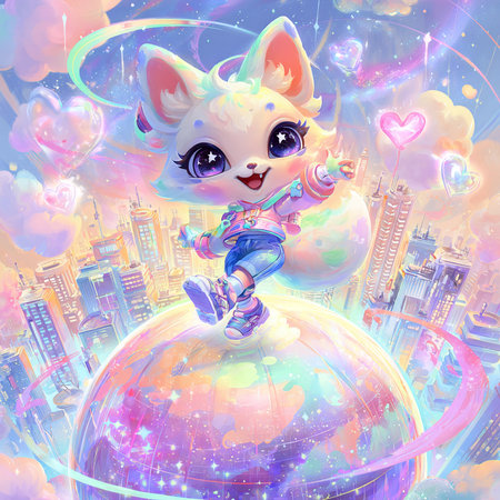 Cute cat astronaut on the planet in the starry sky.の素材