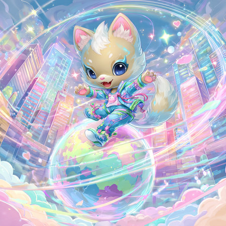 cartoon little cat on the background of the city and the planetの素材