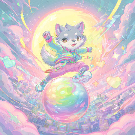 Cute cartoon cat flying on the moon in the night city.の素材