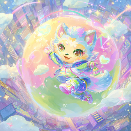 Kawaii cat on the background of the moon and the cityの素材