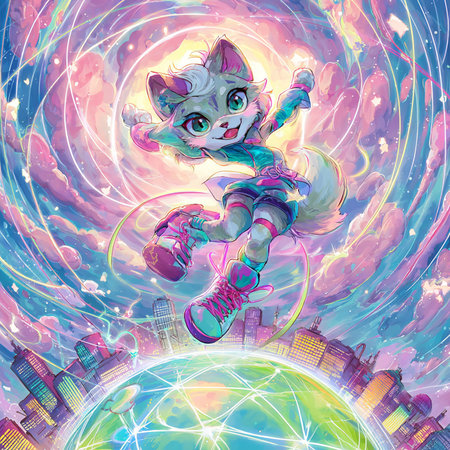 Kawaii cat on the background of the planet. Vector illustration.の素材