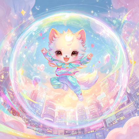 Cute fox flying in the sky with a rainbow. Vector illustration.の素材