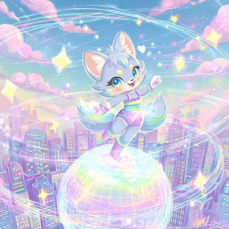 Fairy cat on the background of the city. Vector illustration.の素材