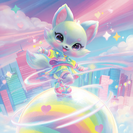 Cute cartoon fox on the background of the city and rainbow.の素材