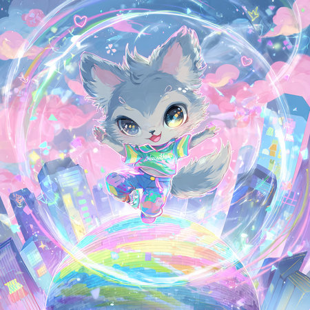 Funny cartoon fox on the background of the planet and the cityの素材