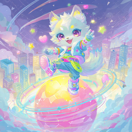 Cute cartoon kawaii cat flying over the planet. Vector illustration.の素材