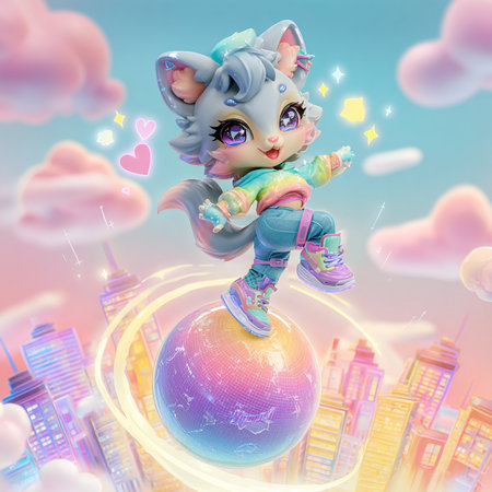 A cute little girl with a magic ball in the city. 3D rendering.の素材