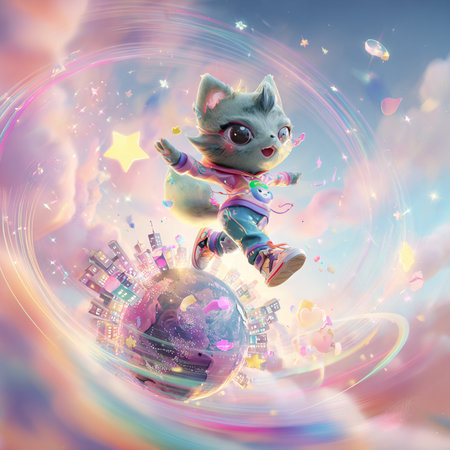 Cute cat in space with stars and planets. 3D renderingの素材