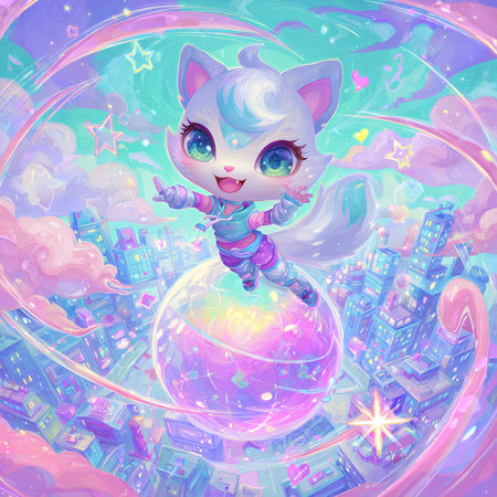 Cute cartoon cat on a ball in the city. Vector illustration.の素材