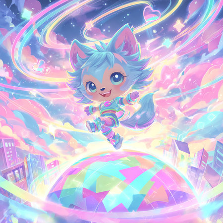 Cute little girl flying on the background of the planet. Vector illustration.の素材