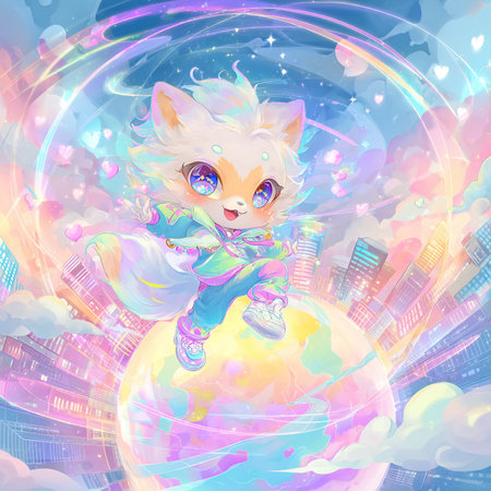 Cute cartoon fox in a scarf on the background of the planet.の素材