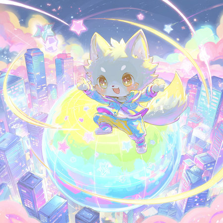 Funny cartoon fox on the globe in the city. Vector illustration.の素材